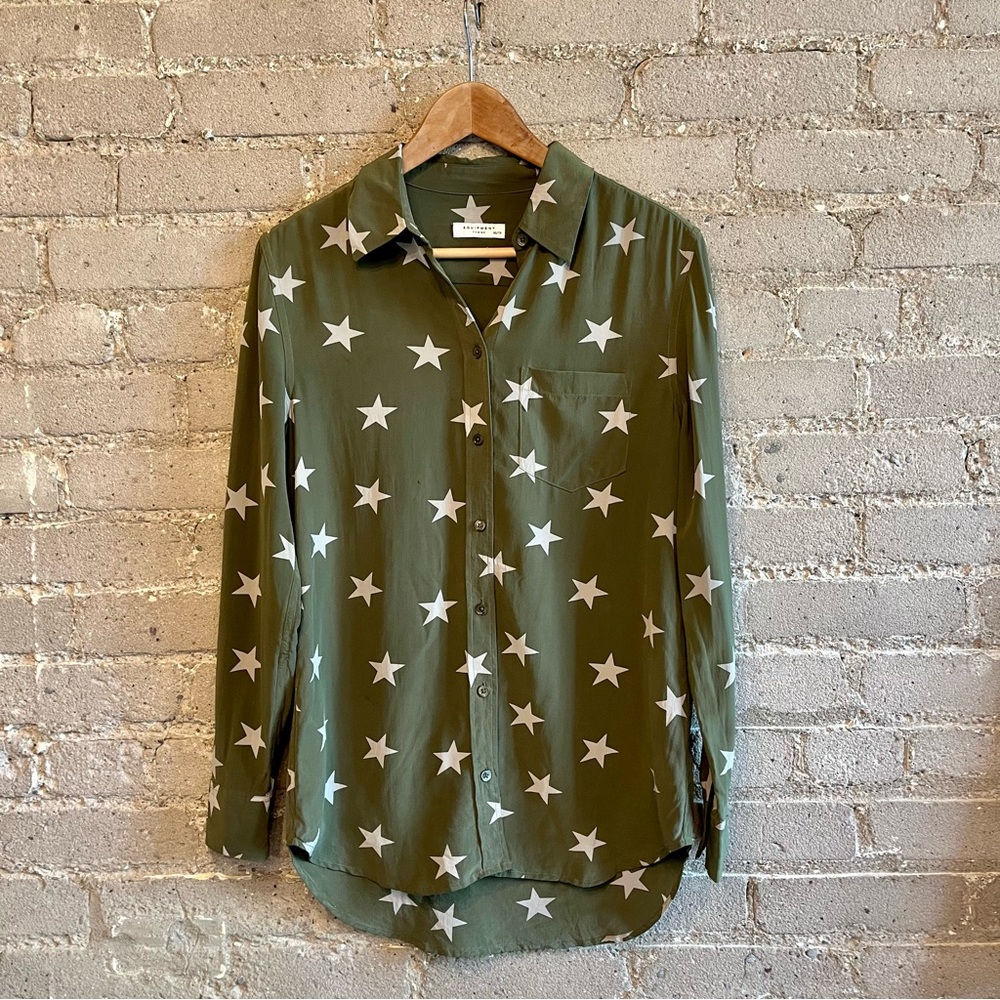 Equipment Olive Green Star Print Silk Blouse